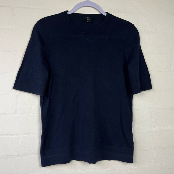 Cos Sweater sz Small Navy Blue 3/4 sleeve pullover contrast hem Cotton Silk Mix - Picture 2 of 10